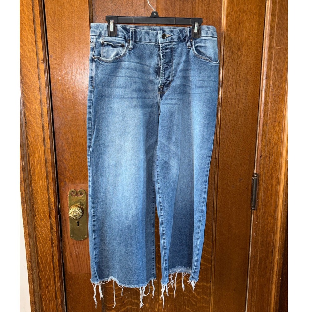 Womens 12 High Rise Wide Leg Cropped Button Fly Jeans Med Wash Raw Hem Coastal